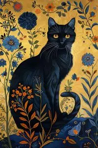 Black cat with floral background